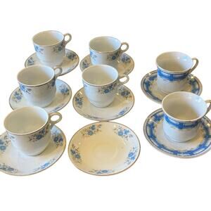 Vintage Blue White Mini Tea Cup + Saucer Set of 7 Retro